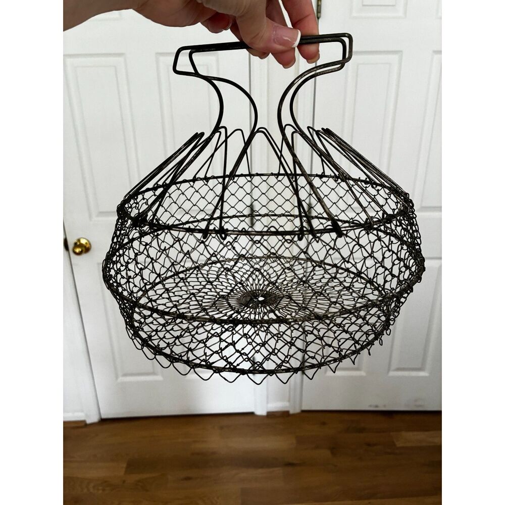 Vintage French Wire Egg Basket Collapsible Metal Mesh Farmhouse Garden Basket